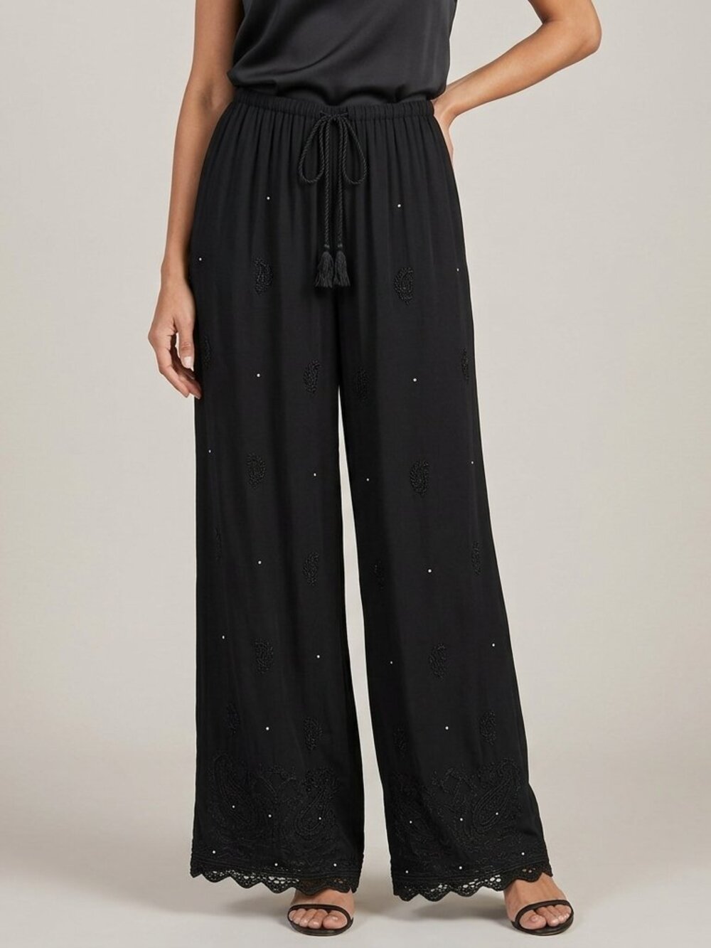 Soft Surroundings Embroidered Rhinestone Palazzo Pants M Black Boho Luxe Resort
